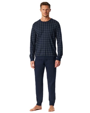 Lange Schiesser Pyjama donkerblauw met borstzak geruit