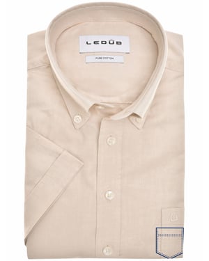 katoenen Ledub overhemd korte mouw effen beige