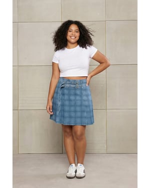 Trendyol Curve Dames Blauw Geruit Kort / Mini A-lijn Grote maten Rokken