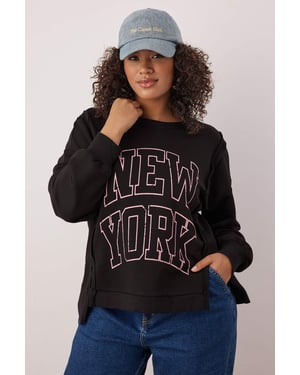 Trendyol Curve Dames Zwart Slogan Lang Relaxed fit Grote maten Sweatshirts