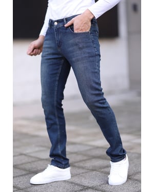 TRENDYOL MAN Herr Mörkblå Enfärgad Skinny Normal midja Jeans