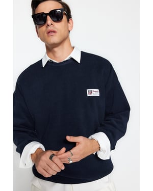TRENDYOL MAN Herr Mörkblå Slogan Lång Oversize Sweatshirts