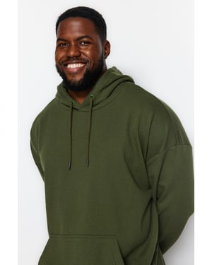 TRENDYOL MAN Herr Khaki Enfärgad Lång Oversize Plus size Sweatshirts
