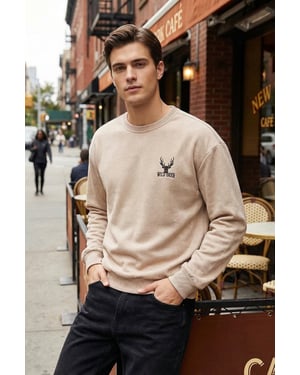 TRENDYOL MAN Herr Beige Djurmönster Lång Oversize Sweatshirts