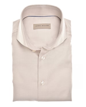 John Miller overhemd beige geprint Tailored Fit strijkvrij