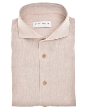 Overhemd beige John Miller Tailored fit linnen gemeleerd