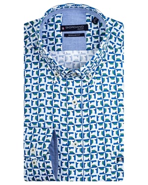 Giordano casual overhemd blauw groene print met borstzak wijde fit katoen