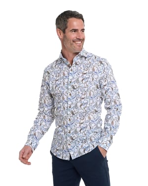 R2 Amsterdam overhemd blauw geprint lange mouw geprint