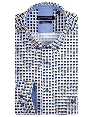 Giordano casual overhemd wijde fit blauw geel geprint katoen