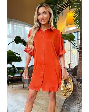 Orange Frill Detail Gold Button Front Shirt Dress