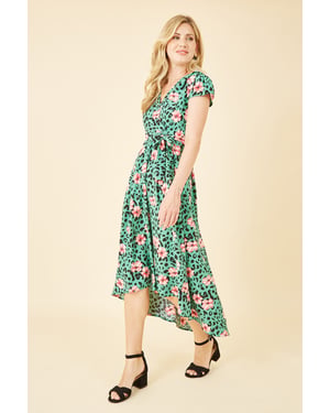 Mela Green Animal Print Dipped Hem Wrap Dress