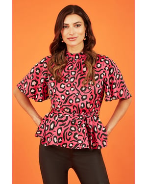 Pink Animal Print Belted High Neck Top
