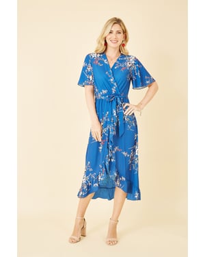 Blue Floral Dip Hem Wrap Midi Dress