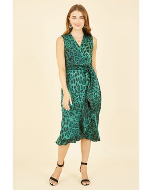 Mela Green Animal Print Satin Wrap Midi Dress