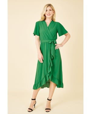 Green Wrap Over Frill Hem Dress