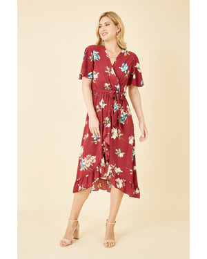 Red Floral Dip Hem Wrap Midi Dress