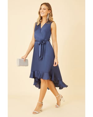 Mela Navy Satin Dipped Hem Wrap Over Midi Dress