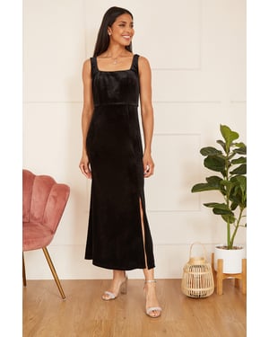 Black Velvet Fitted Midi Dress