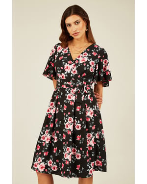 Black Floral Wrap Dress With Angel Sleeve