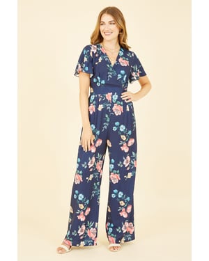 Navy Floral Angel Sleeve Jumpsuit