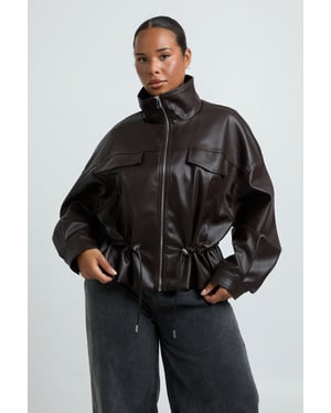 Plus Faux Leather Funnel Neck Cinched Waist Jacket