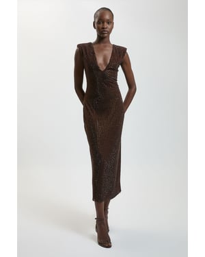 Premium Crystal Embellished Jersey Sleeveless Plunge Neck Midi Dress
