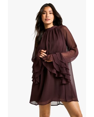 Tall High Neck Volume Sleeve Chiffon Smock Dress