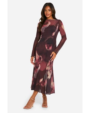 Slash Neck Floral Mesh Print Godet Hem Midaxi Dress