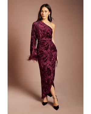 One Shoulder Feather Cuff Velvet Burnout Maxi Dress
