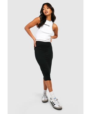 Basic Solid Black High Waisted Midi Skirt