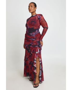 Plus Floral Mesh Ruffle Ruched Maxi Dress