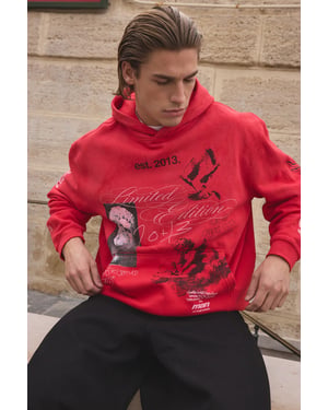 Red Oversized Renaissance Doodle Print Spray Wash Hoodie