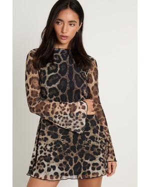 Leopard Mesh Flare Sleeve Mini Dress