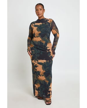 Plus Printed Mesh Low Back Maxi Dress