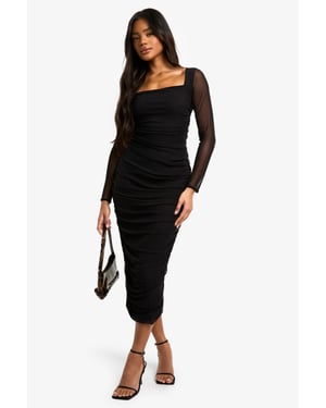 Square Neck Ruched Mesh Midaxi Dress