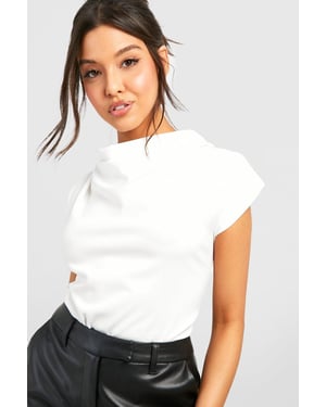 Cowl Neck Crepe Shoulder Pad Blouse