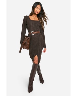 Square Neck Mixed Rib Knitted Midaxi Dress