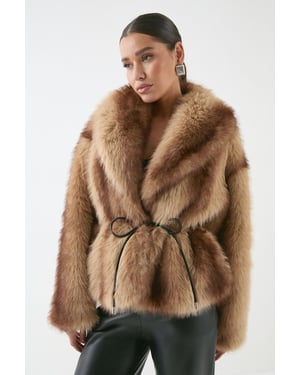 Faux Fur Wide Collar Belted Jacket