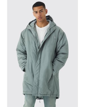 Oversized Satin Padded Longline Parka In Sage