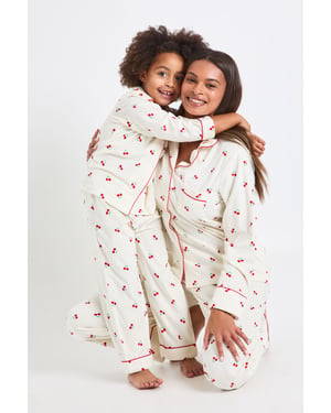 Kids Matching Family Cherry Print Baby Fleece Long Sleeve Shirt & Trousers Pyjama Set
