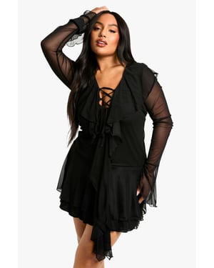 Plus Mesh Ruffle Lace Up Skater Dress
