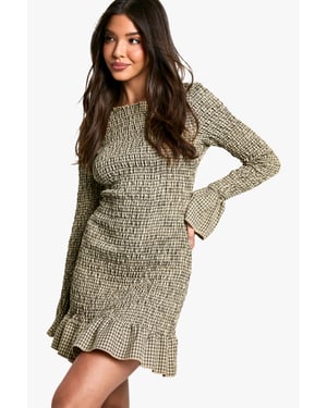 Check Shirred Long Sleeve Mini Dress