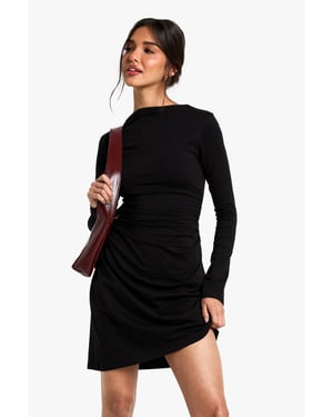 Ruched Slash Neck Mini Dress