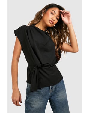 Hammered Knot Front Cowl Neck Blouse