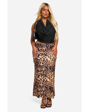 Plus Leopard Woven Stretch Bow Trim Midaxi Skirt 