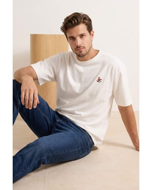 TRENDYOL MAN Heren Ecru Geborduurd Kort Oversized T-shirts