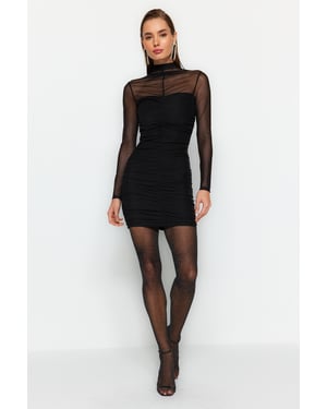 TRENDYOLMİLLA Dames Zwart Effen Kort / Mini Lang Stijlvol/Avond Bodycon Jurken