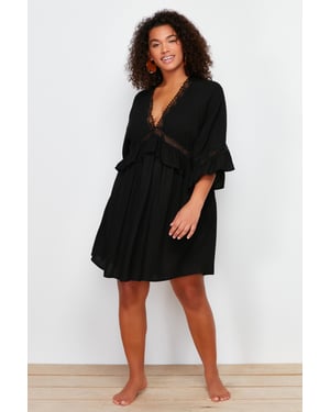 Trendyol Curve Dam Svart Enfärgad Kort / Mini Lång Strandkläder A-linje Plus size Klänning