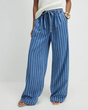 River Island Womens Wide Leg Jeans Blue Stripe Paperbag Mid Rise