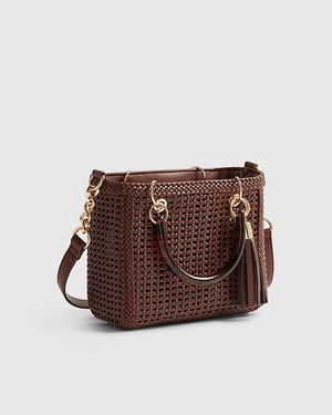 River Island Womens Mini Tote Bag Brown Woven Zip Top Fandle
